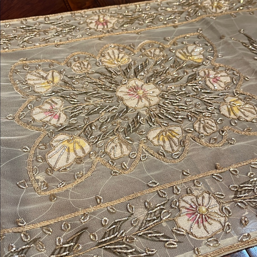 Vintage Embroidered Floral Metallic Shimmering Ornate Sheer Table Runner
